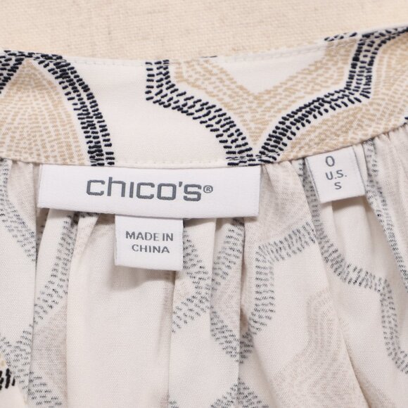 CHICO'S Poplin Embellished A-Line Midi Dress Boho Geo Print Tan Black Size 0/S - Picture 8 of 9